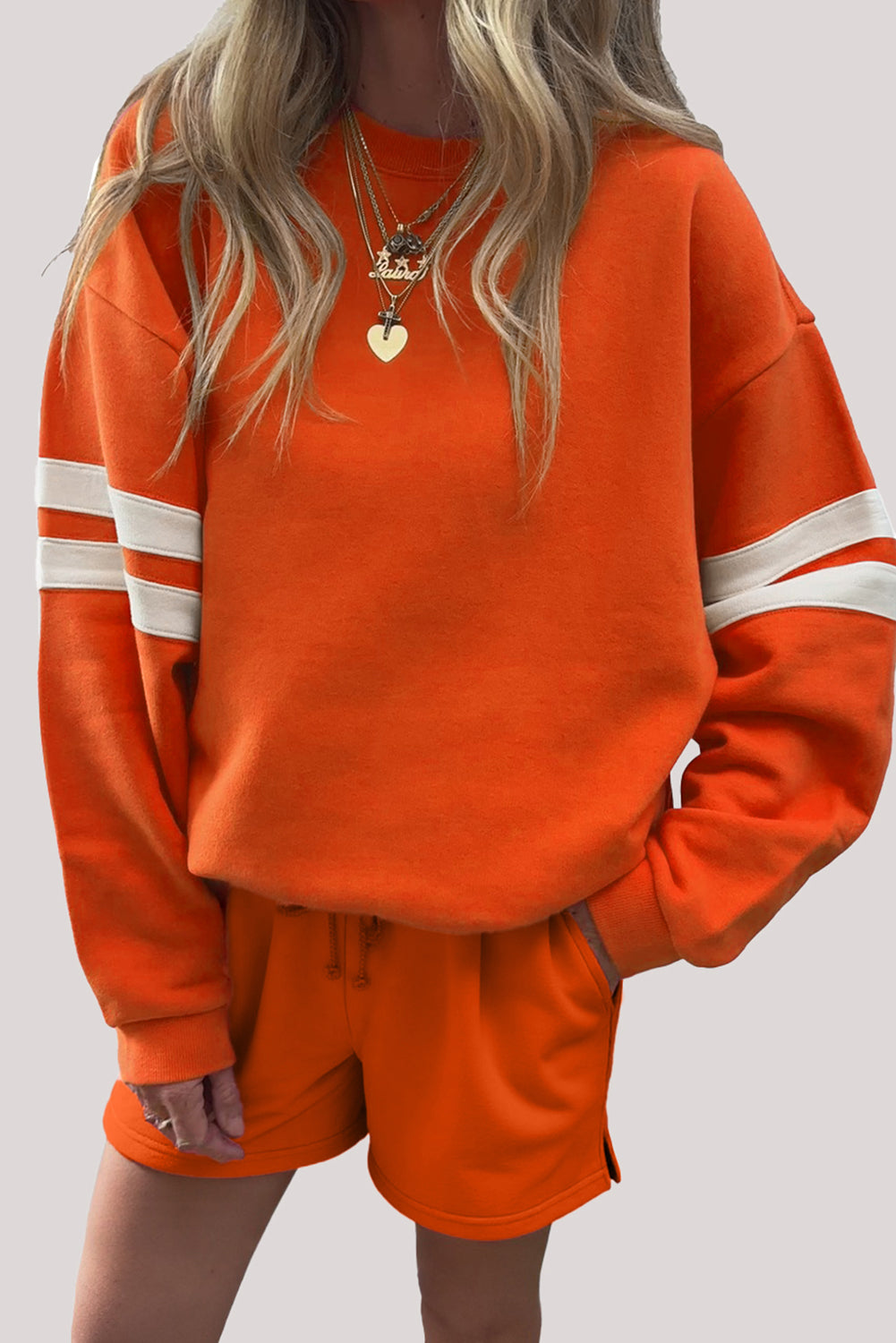 Varsity Striped Sleeve Drop Shoulder Sweatshirt and Short Set