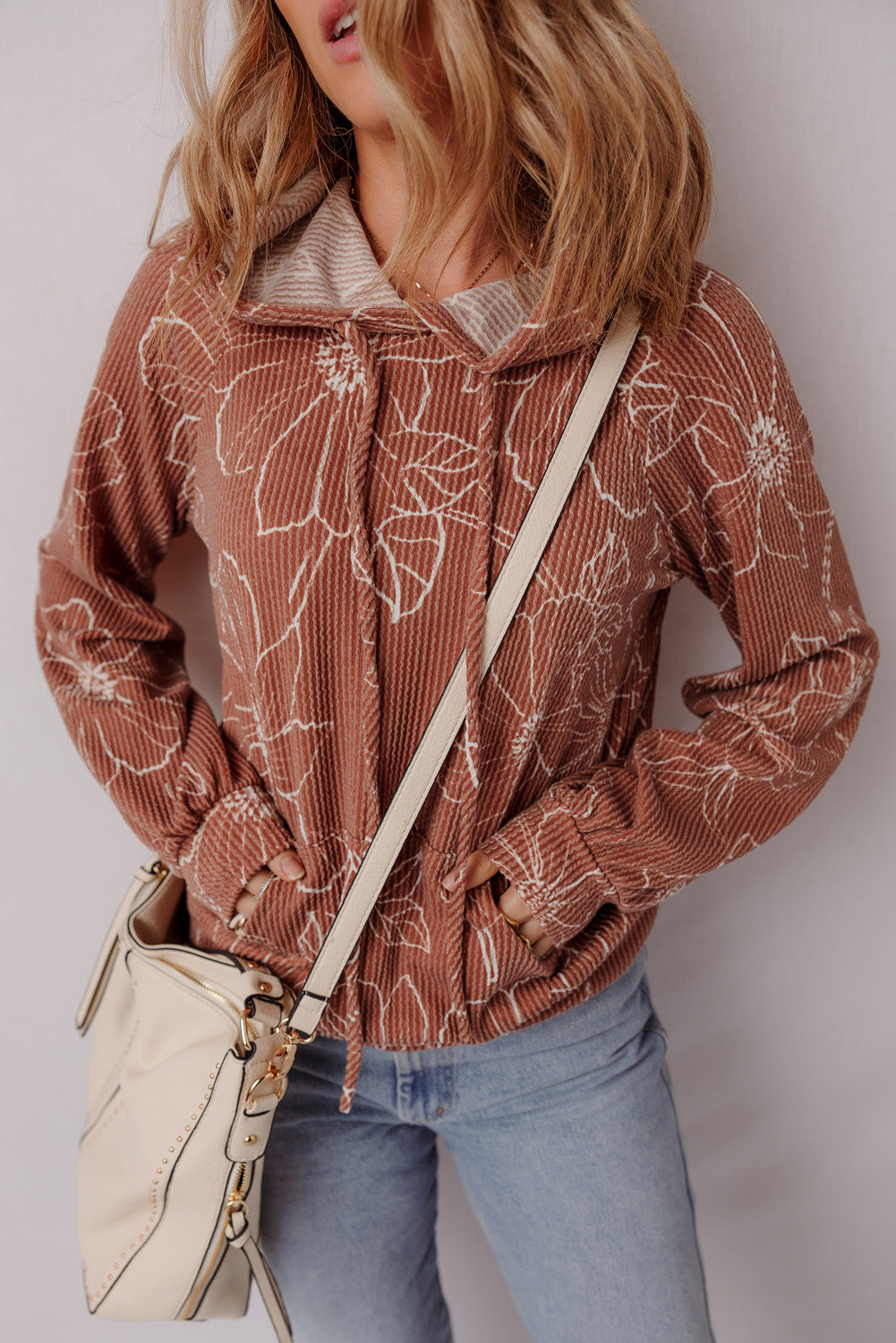 Floral Twisted Rib Drawstring Kangaroo Pocket Hoodie