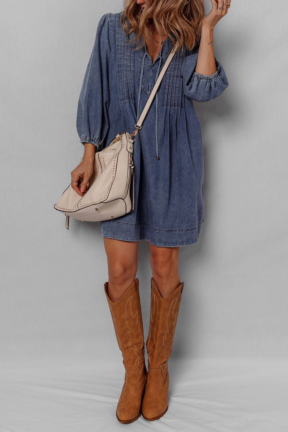 3/4 Sleeve Tied V Neck Pleated Denim Mini Dress