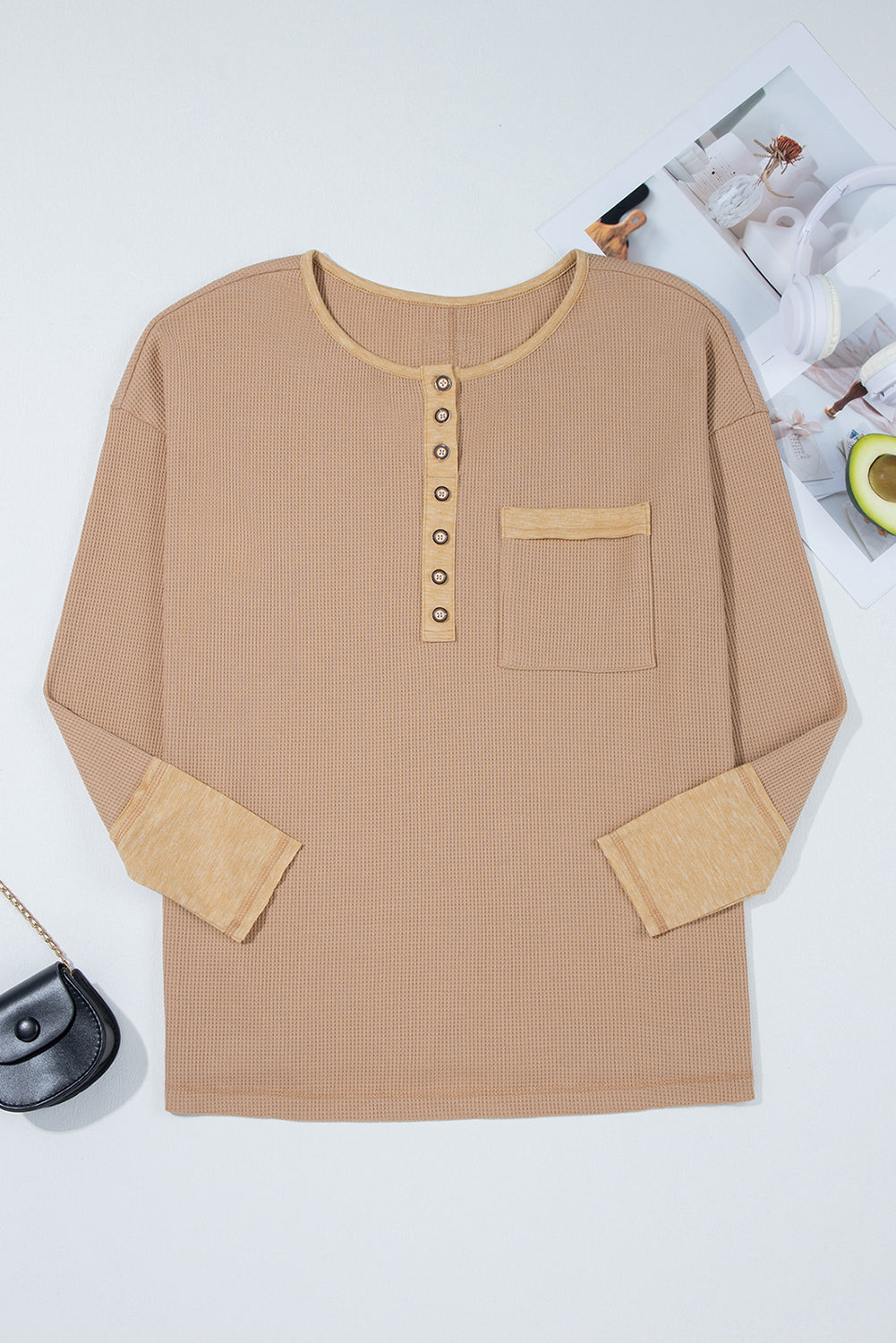 Color Block Waffle Textured Tunic Henley Top with Slits