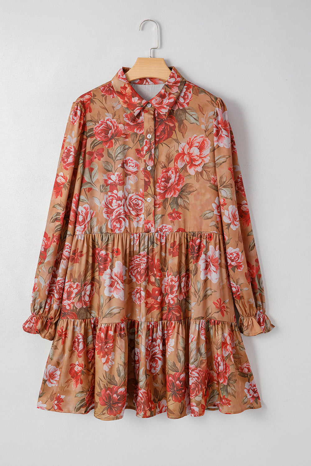 Vintage Floral Print Shirt Style Half Button Long Sleeve Ruffle Mini Dress