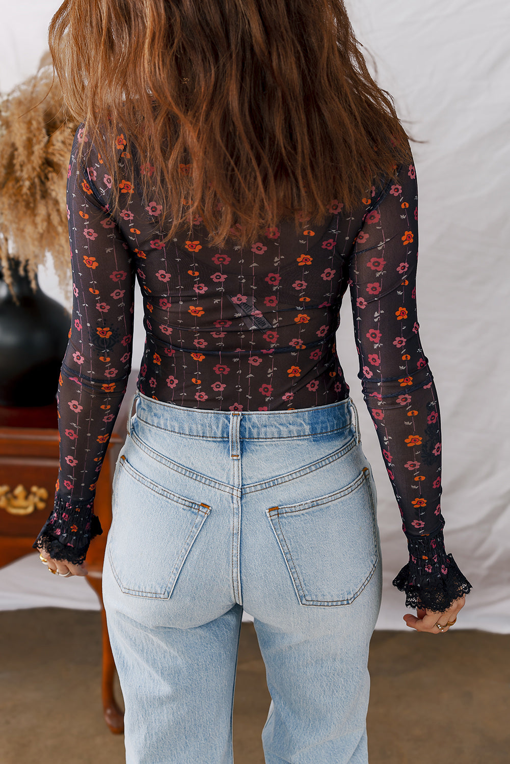 Floral Print Smocked Cuff Slim Fit Mesh Bodysuit