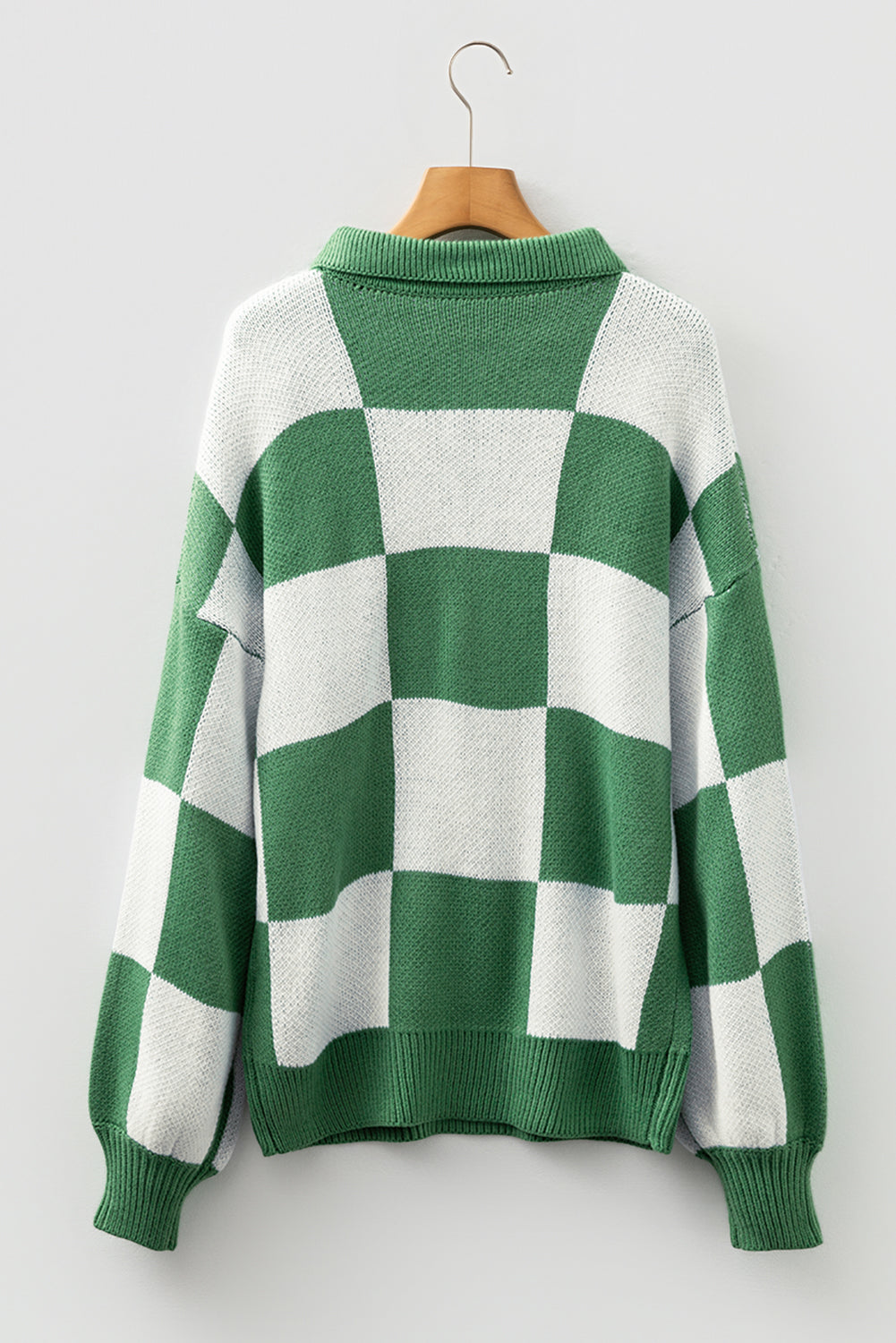 Checkered Pattern Polo Collar Loose Sweater