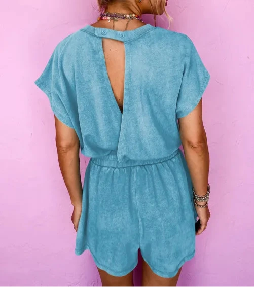 Mist Blue Mineral Wash Drawstring Waist Hollow Out Back Short Sleeve Romper