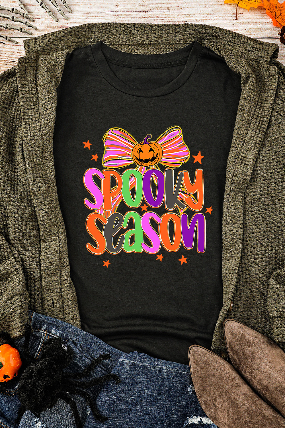 SPOOKY SEASON Halloween Pumpkin Bow Print T Shirt