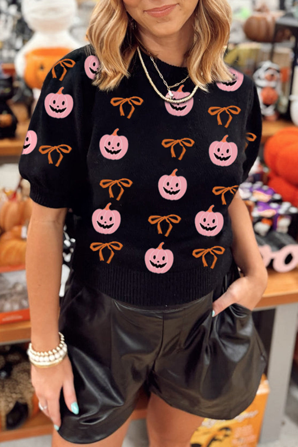 Short Puff Sleeve Bow Knot Plush Skeleton Halloween Sweater
