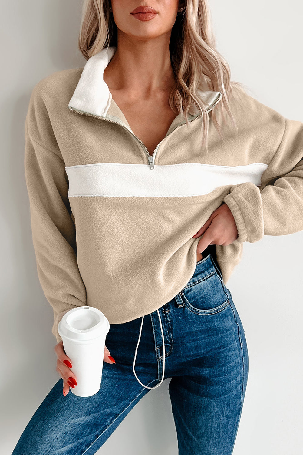 Fleece Colorblock Patchwork Zipped Neck Pullover Sweatshirt