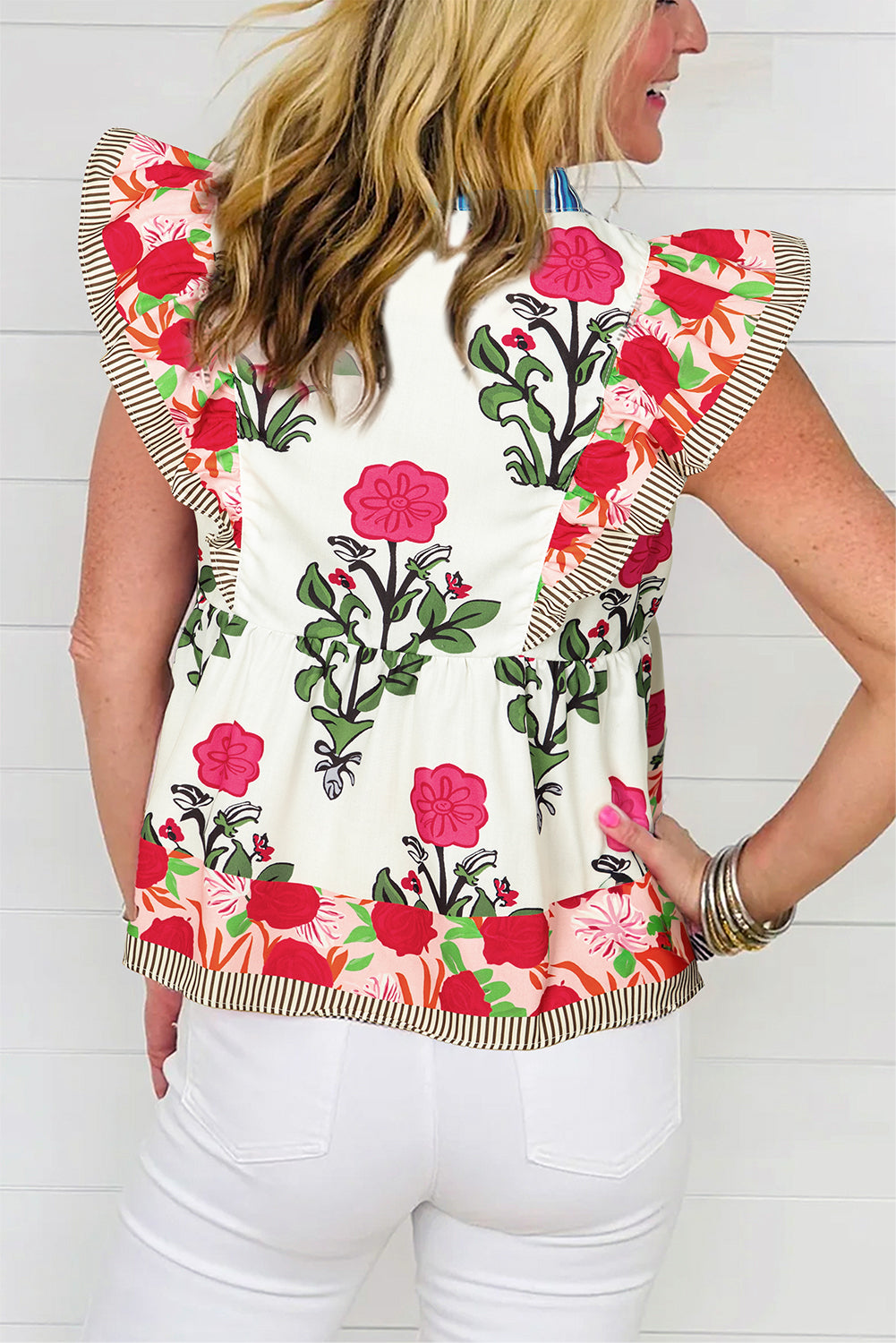 Floral Print Tie Neck Striped Detail Flutter Sleeve Blouse
