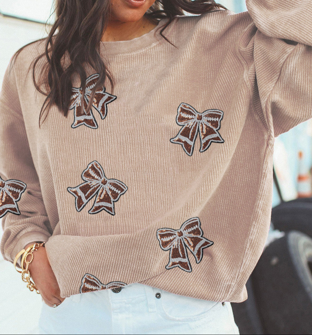 Oversize Sequin Bow Patched Corded Sweatshirt