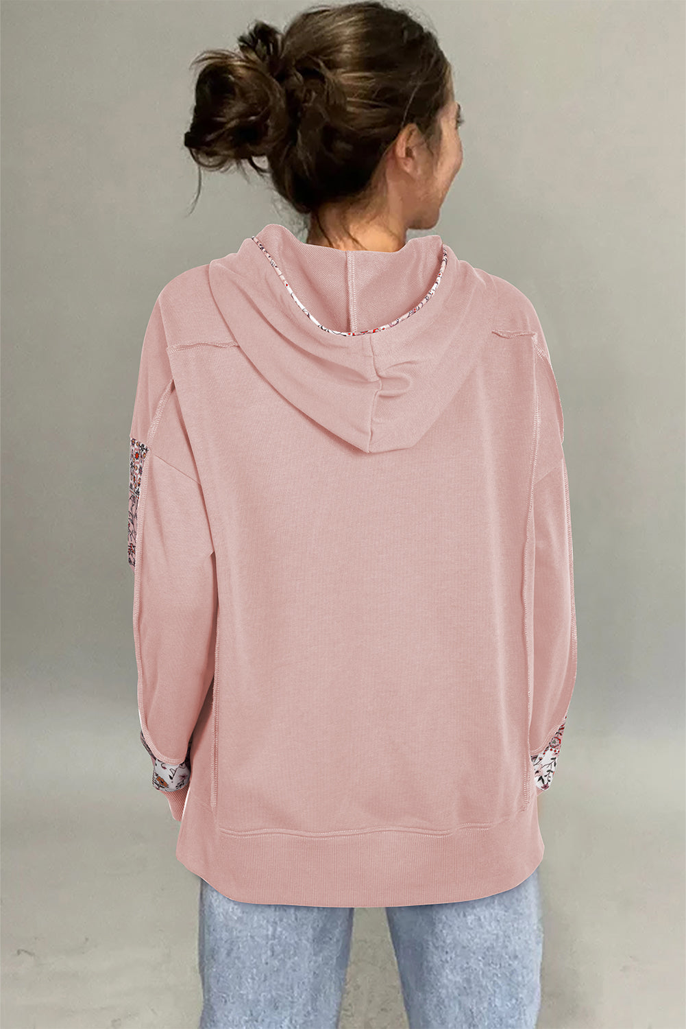 Mix Floral Patchwork Side Slit Drawstring Hoodie