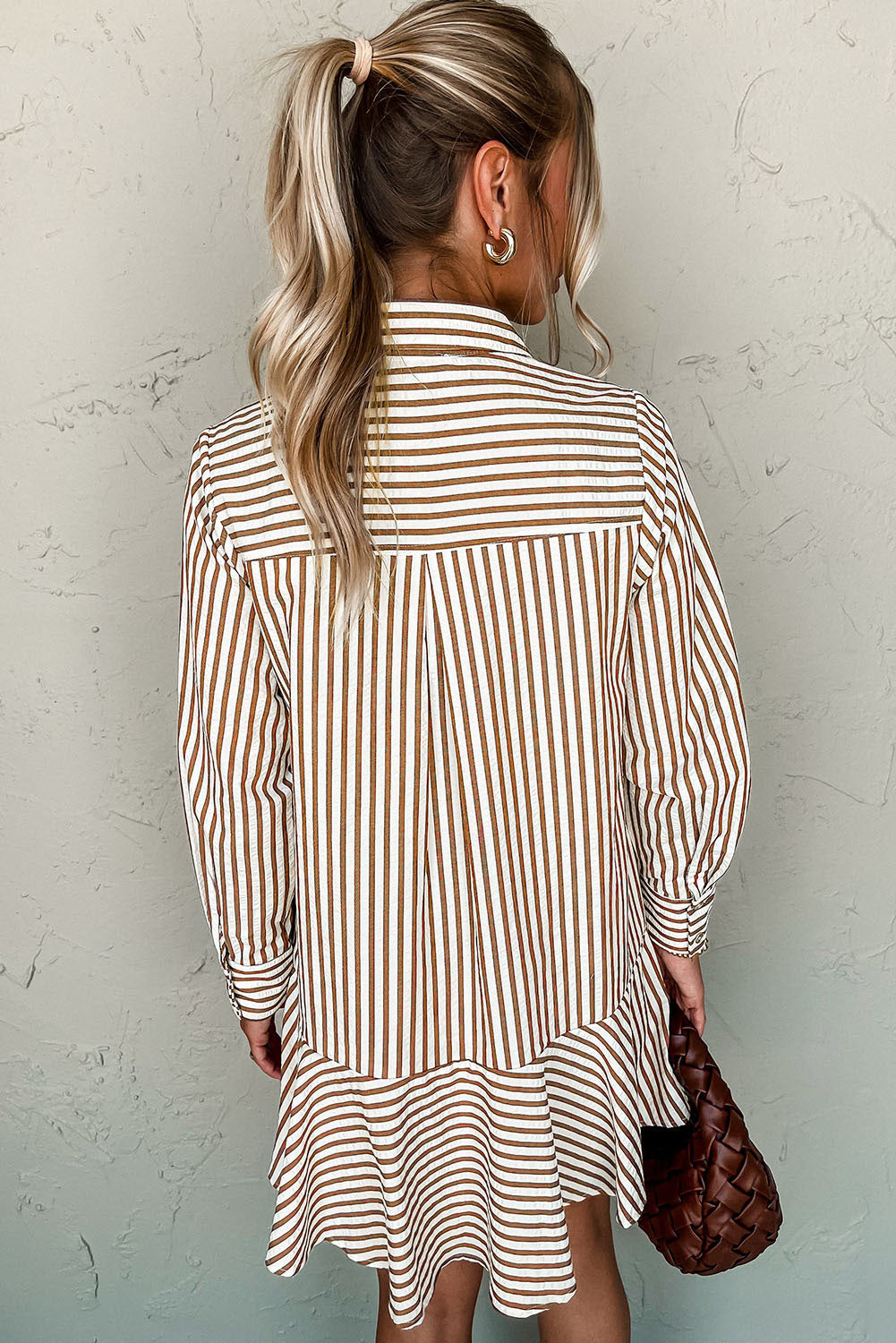Ruffled Hem Collared Long Sleeve Shirt Mini Dress