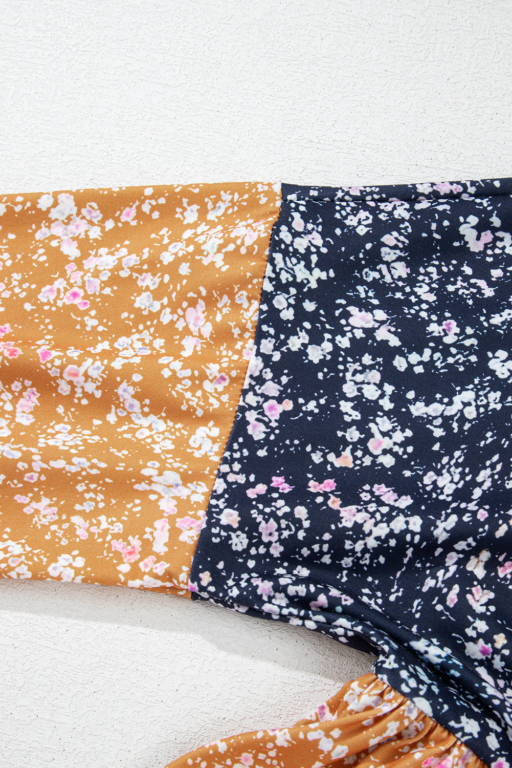 Floral Color Block Patchwork Ruffled Hem Round Neck Blouse