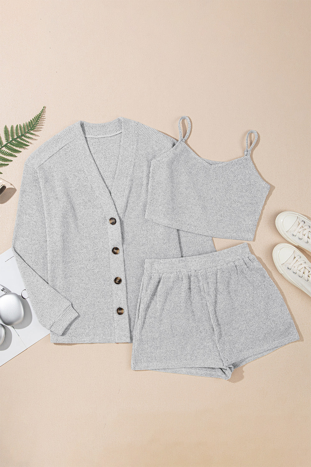 3 Pcs Crop Tank Top Shorts with Cardigan Lounge Set