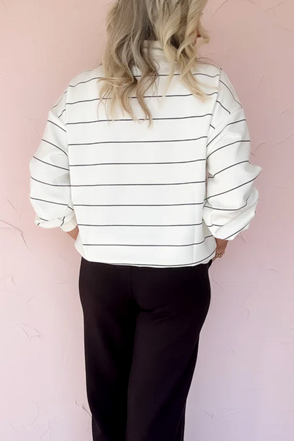 Zip V Neck Casual Stripe Print Drop Shoulder Long Sleeve Top