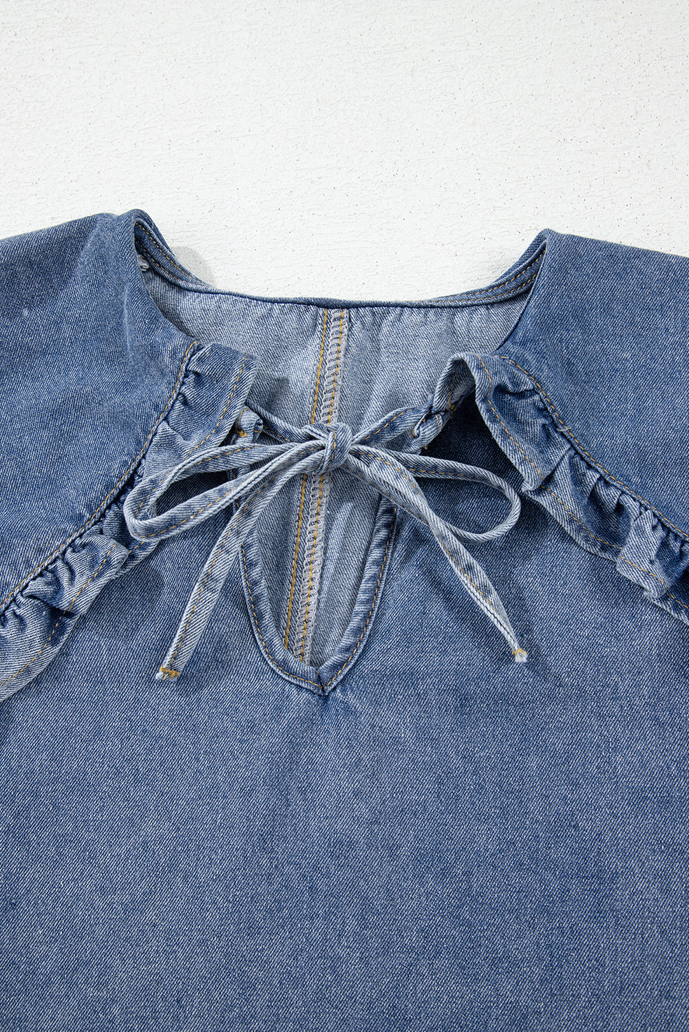 Ruffled Collared Side Pockets Puff Sleeve Denim Mini Dress