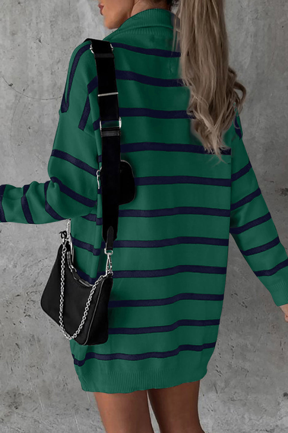Striped O-ring Zip Collared Loose Sweater Mini Dress