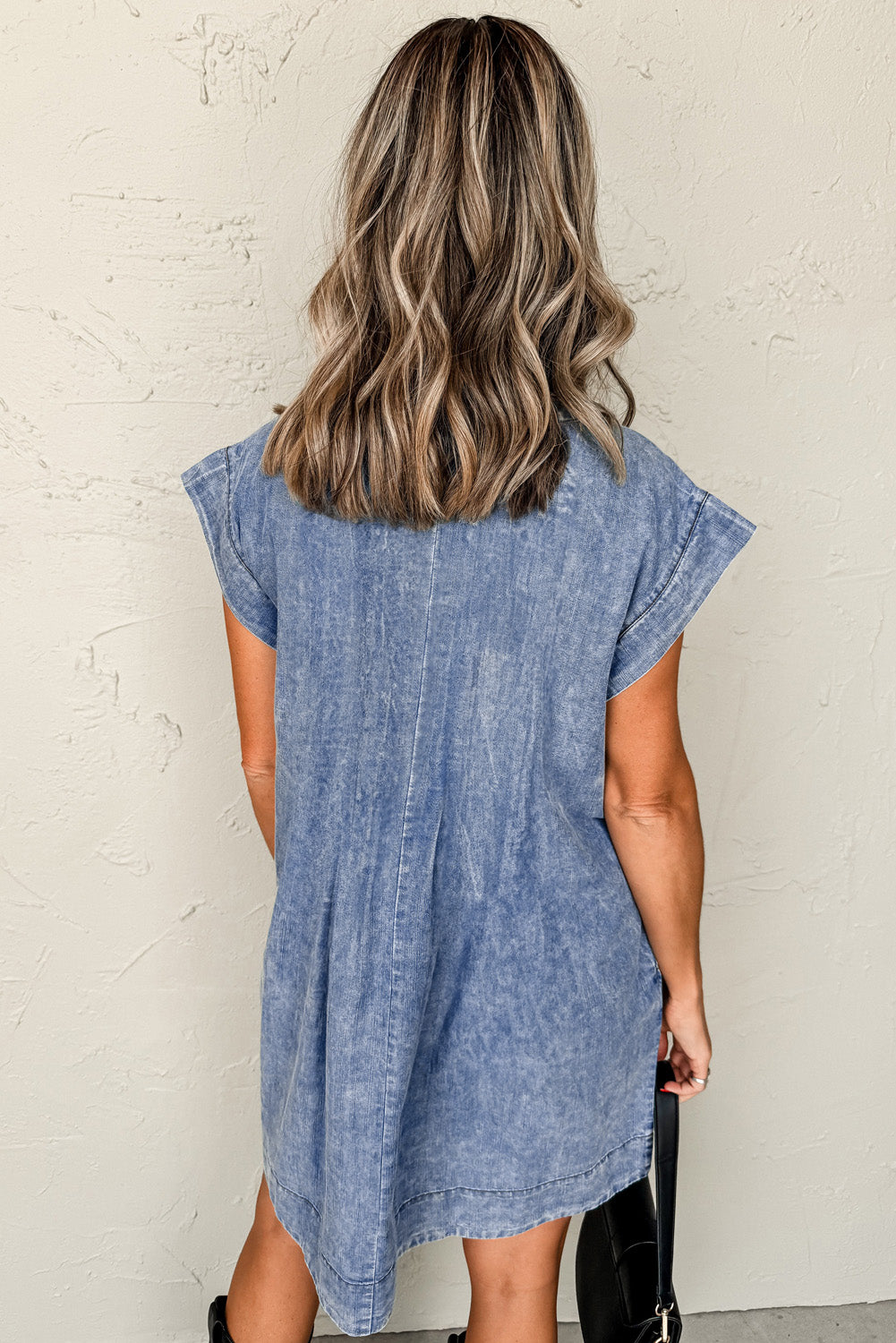 Tie V Neck Tucking Detail Short Sleeve Denim Shift Dress