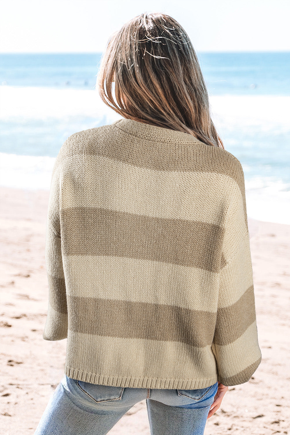 Striped Color Block Brushed Knit Bow Tie Front Sweater Cardigan