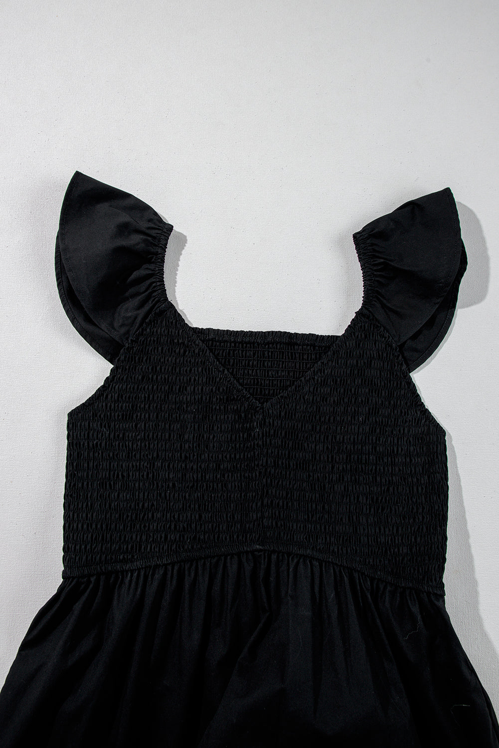 V Neck Flutter Sleeve Smocked Bodice High Waist Ruffle Maxi Dress