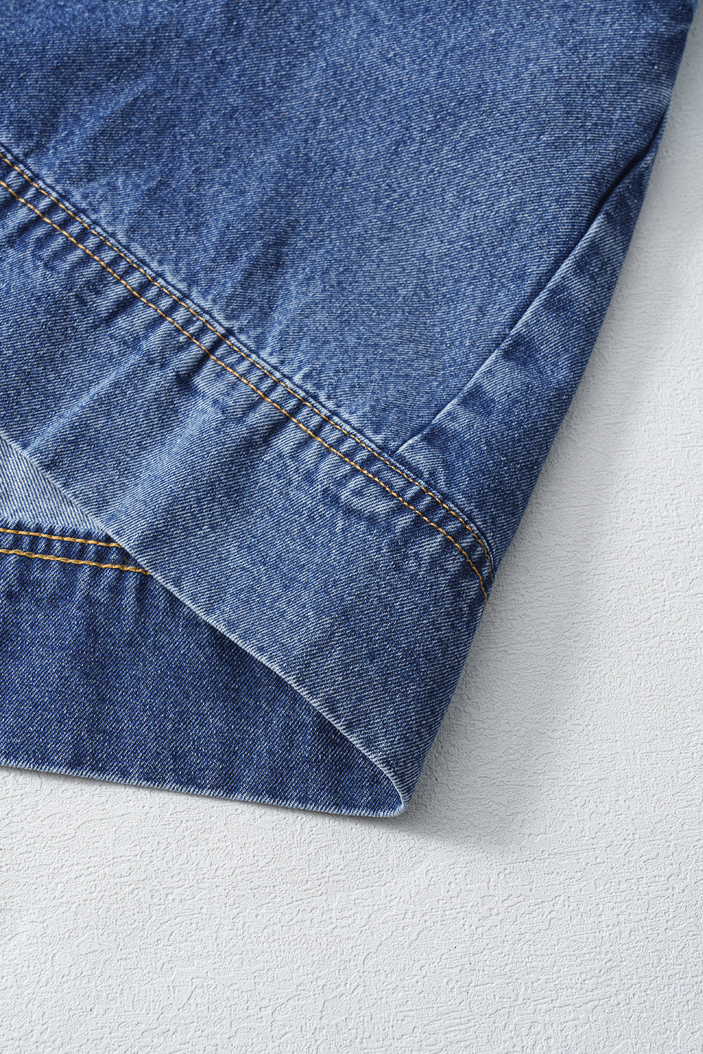 Short Sleeve Collared Patched Pocket Denim Mini Dress