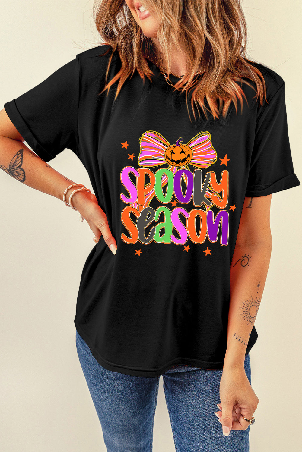 SPOOKY SEASON Halloween Pumpkin Bow Print T Shirt