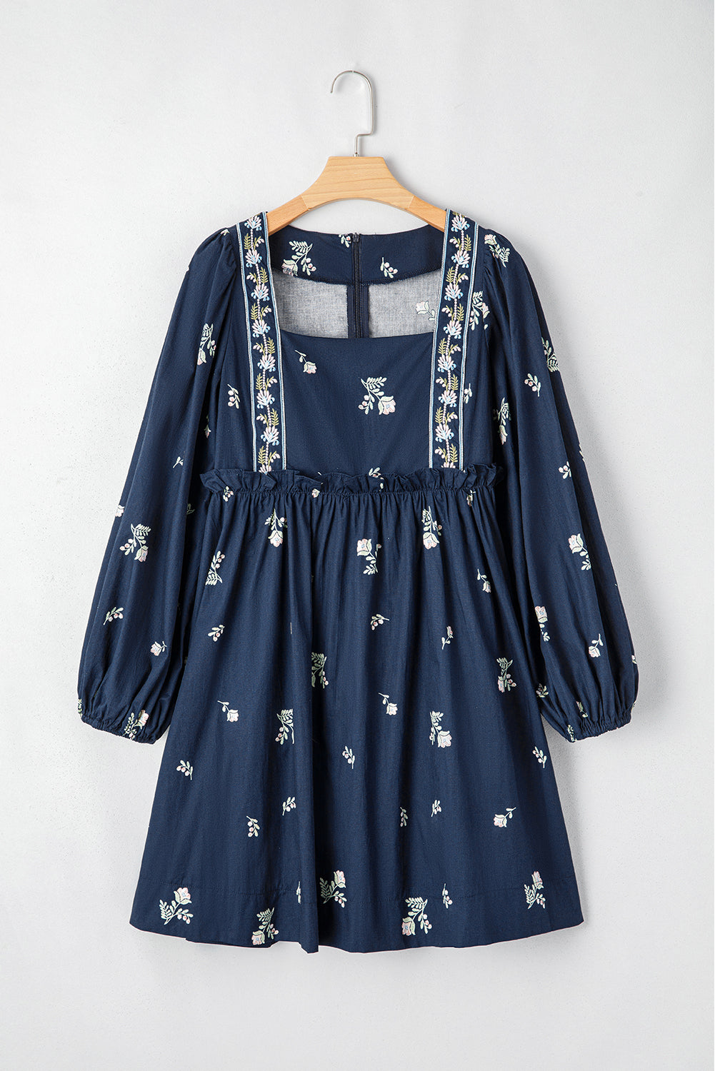 Floral Embroidered Square Neck Puff Sleeve Ruffled Mini Dress