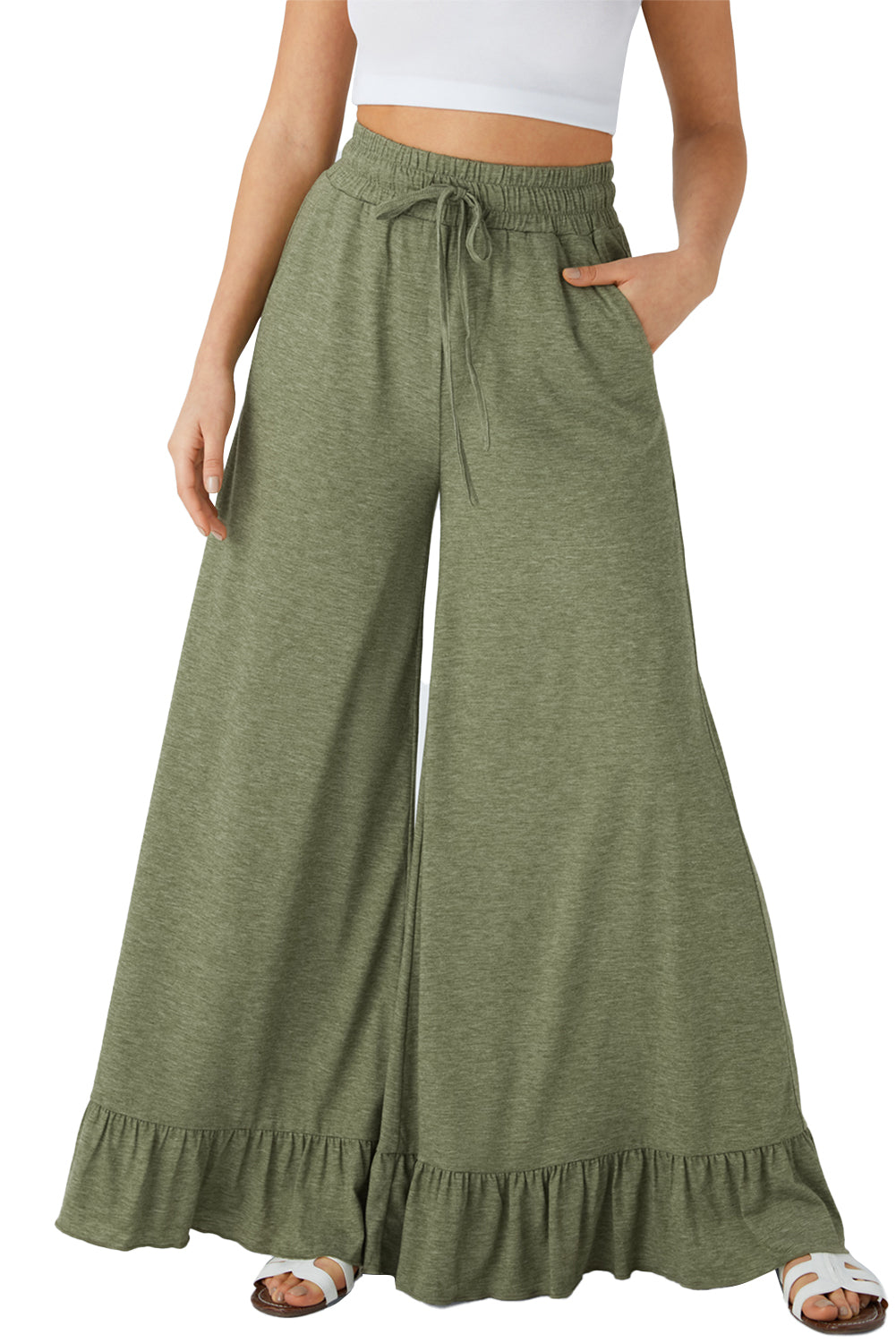 Ruffled Wide Leg Pull On High Waist Pants with Pockets
