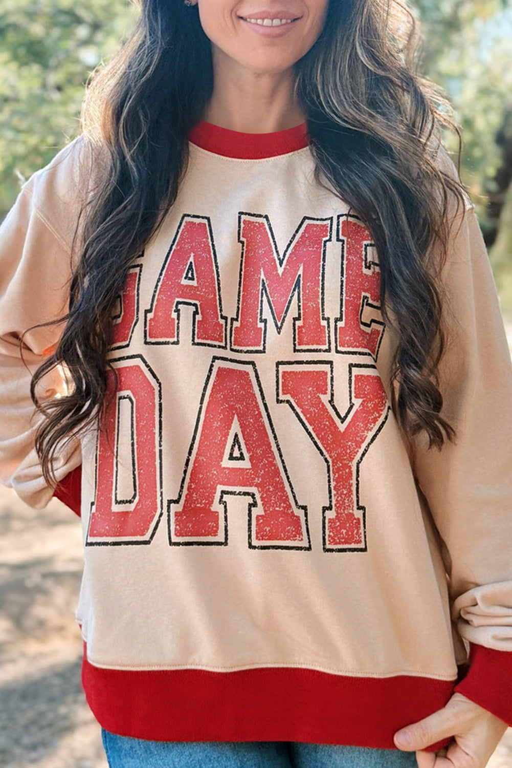 GAME DAY Letter Graphic Varsity Striped Detail Baggy Sweatshirt