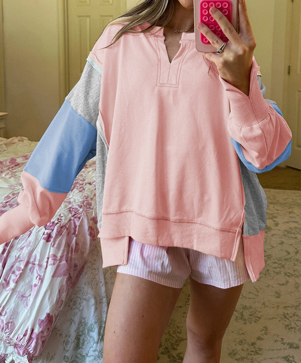 Exposed Seam Color Block Patchwork Slit Cuffs Oversize Sweatshirt