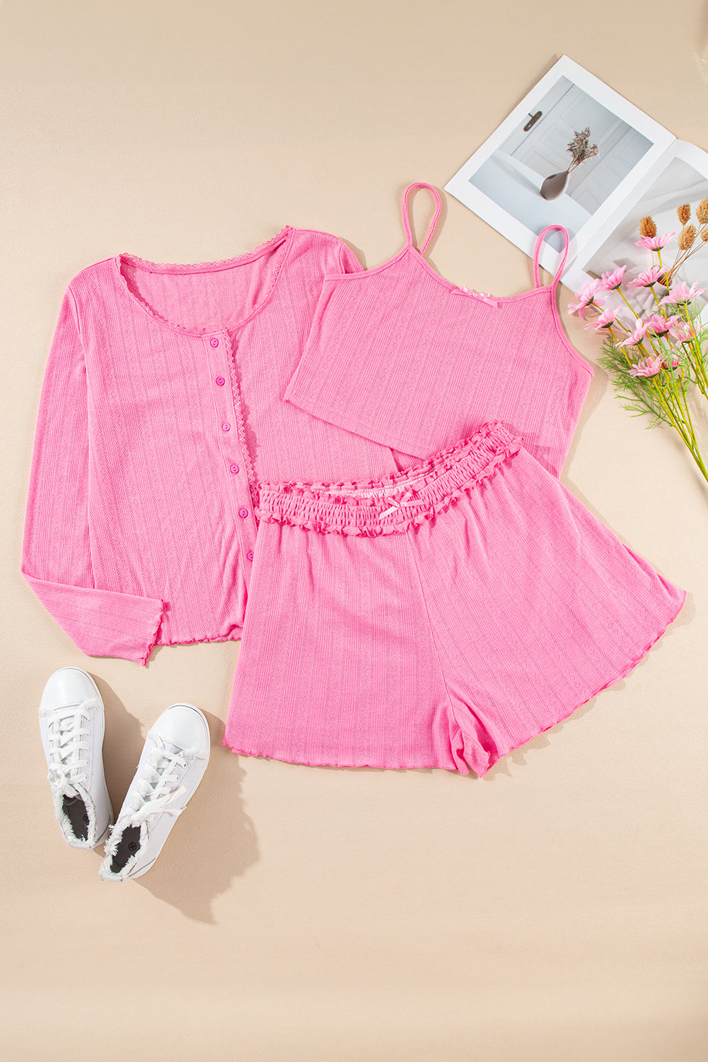3 Pcs Crop Tank Top Shorts with Cardigan Lounge Set