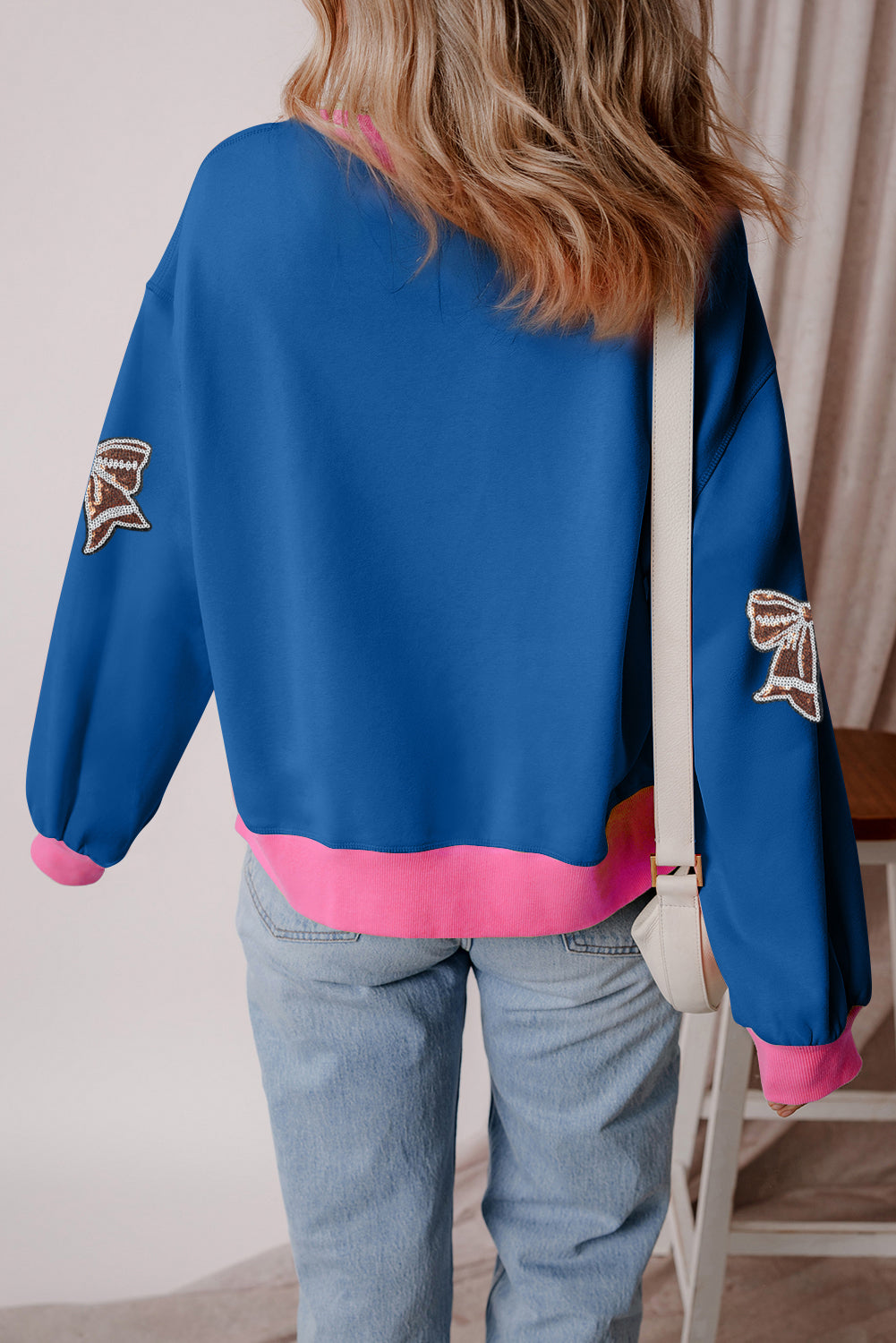 Colorblock Patchwork Sequin Rugby Bow Patched Puff Sleeve Sweatshirt