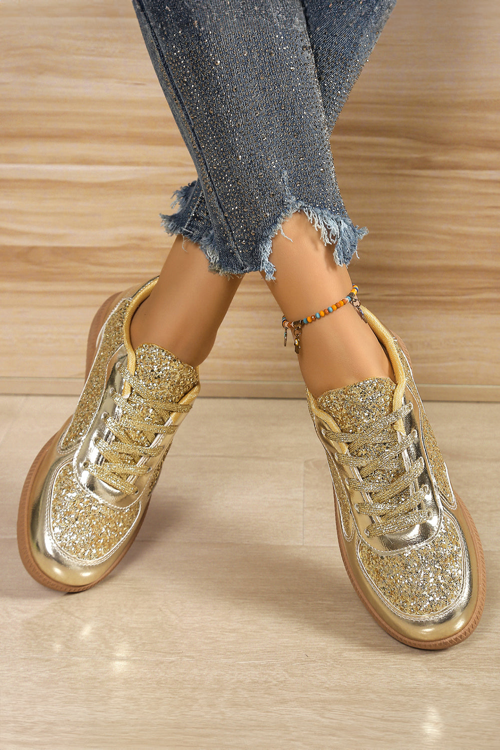 Glitter Lace Up Sequin Round Toe Flat Shoes