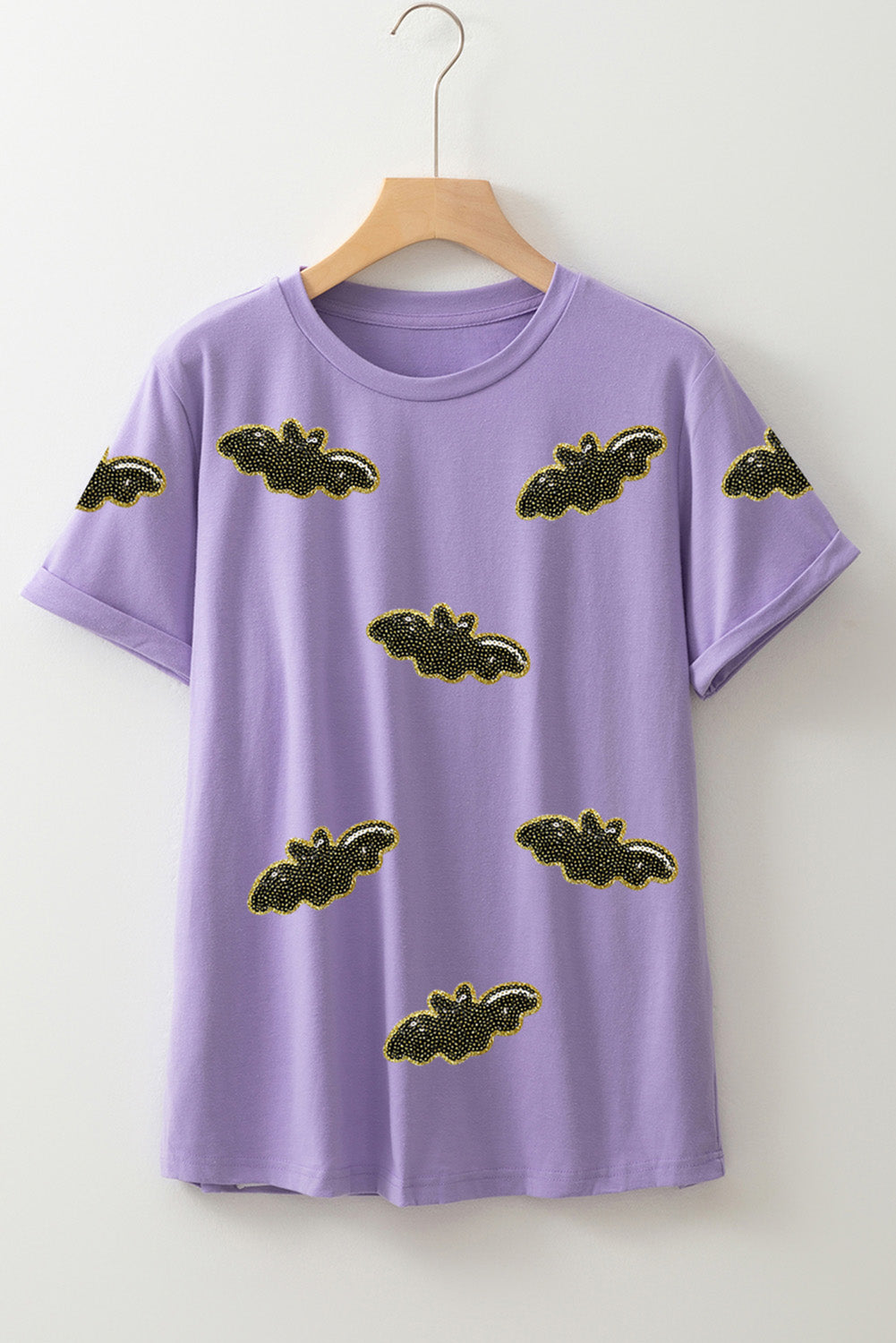 Sequin Halloween Bat Patched Casual T Shirt