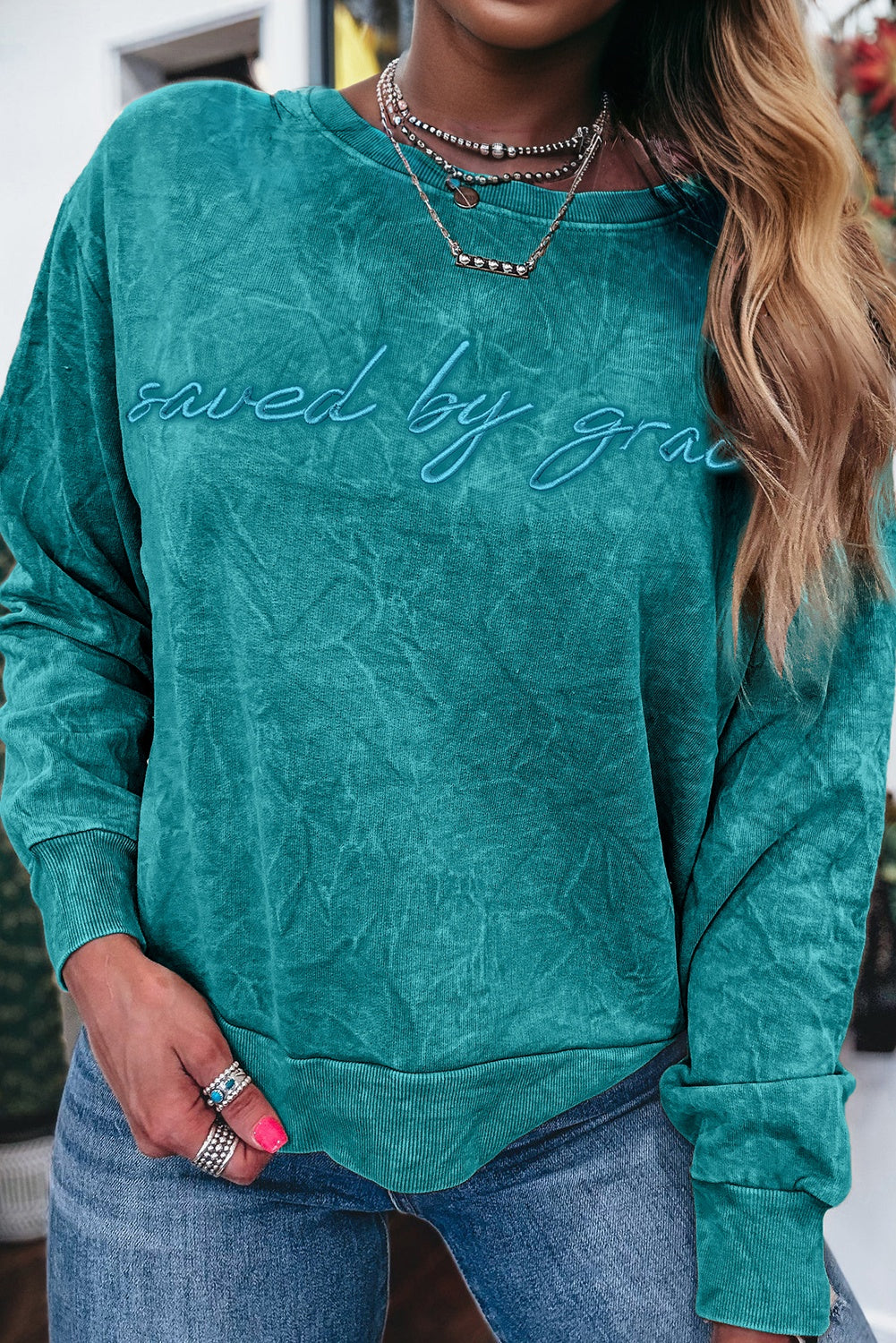 Letter Embroidery Mineral Wash Loose Sweatshirt