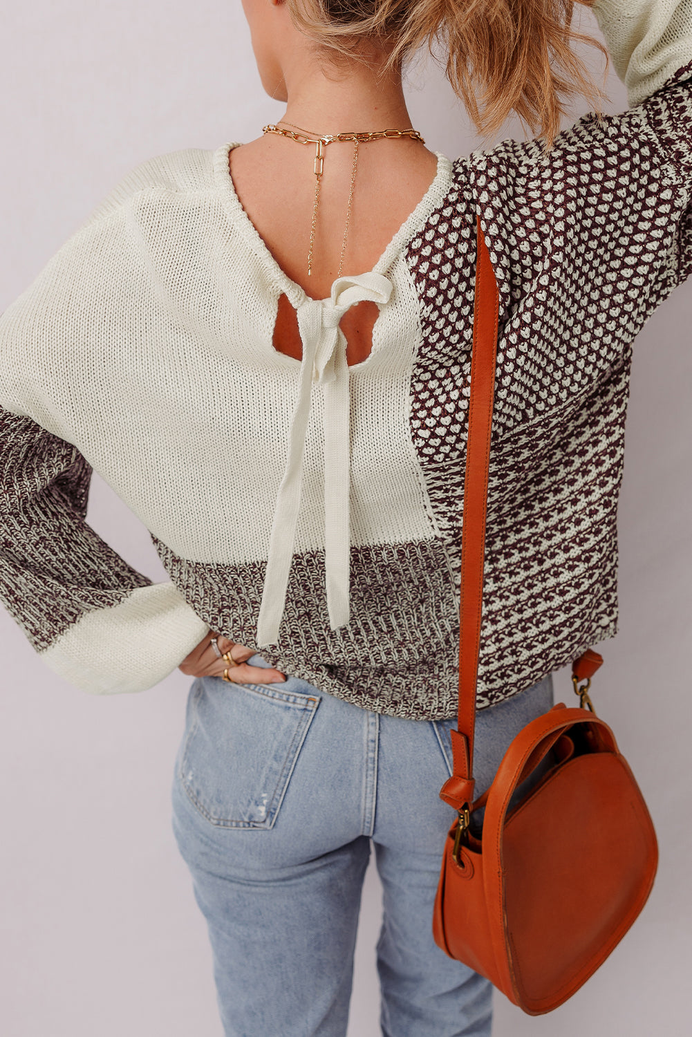 Block Back Tie Drop Shoulder Loose Sweater