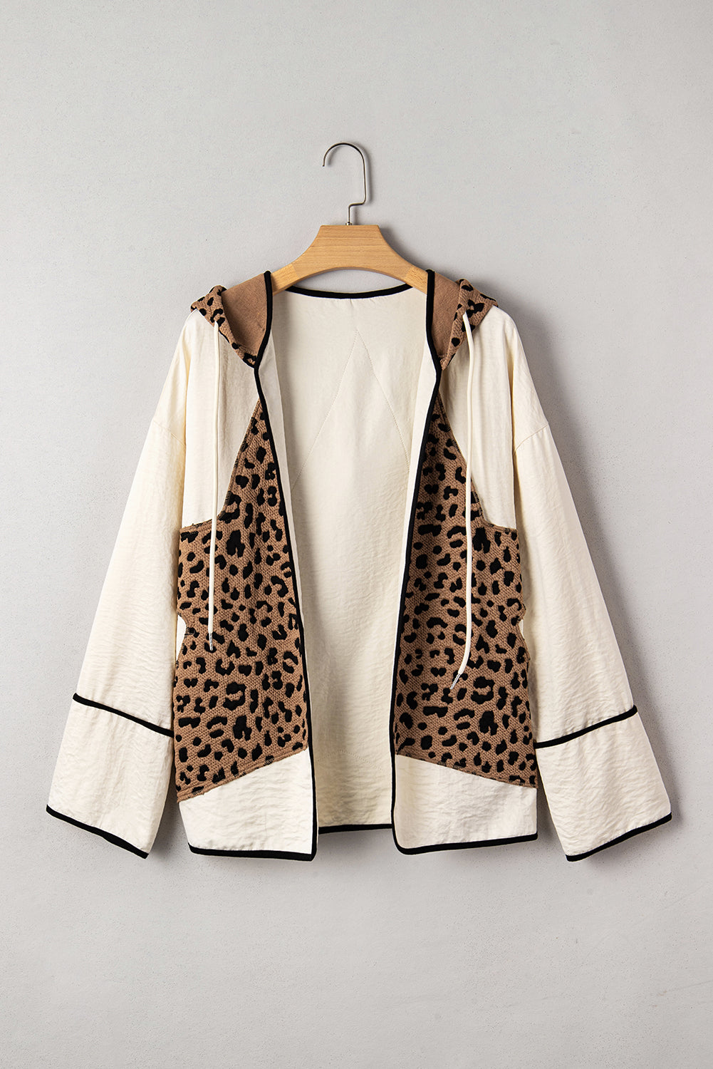 Leopard Star Hooded Patchwork Contrast Piping Open Front Jacket