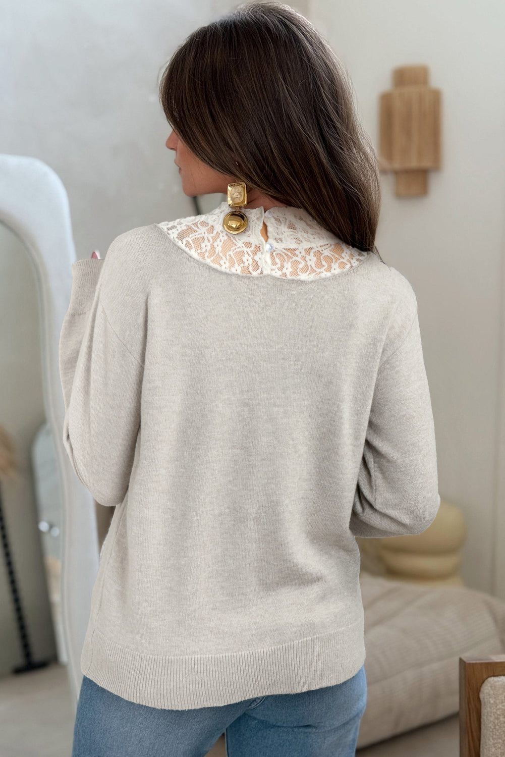 Button Keyhole Lace Patchwork Drop Shoulder Sweater