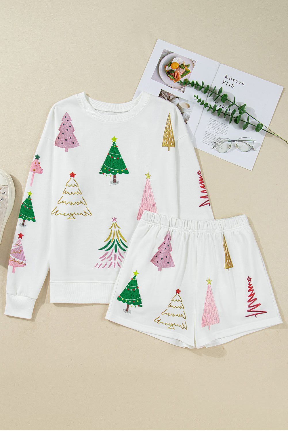 Multi Christmas Tree Long Sleeve Top and Shorts 2pcs Lounge Set