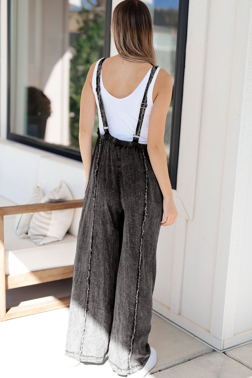 Light Wash Frayed Exposed Seam Wide Leg Denim Overall