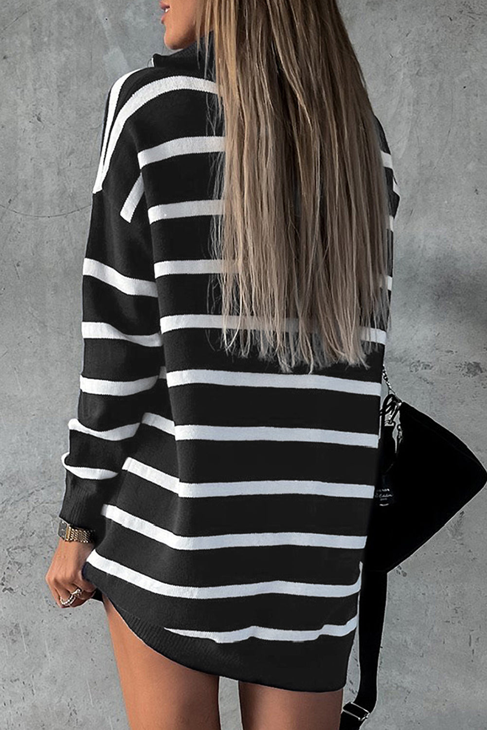 Striped O-ring Zip Collared Loose Sweater Mini Dress