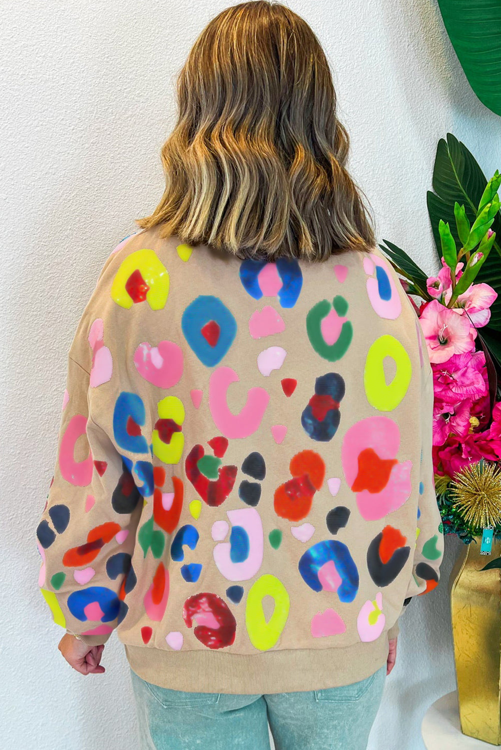 Multicolor Leopard Printed Drop Shoulder Pullover Sweatshirt