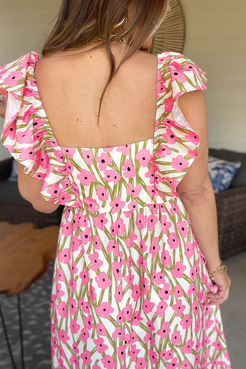 Plus Size Ruffle Trim Square Neck High Waist Floral Maxi Dress