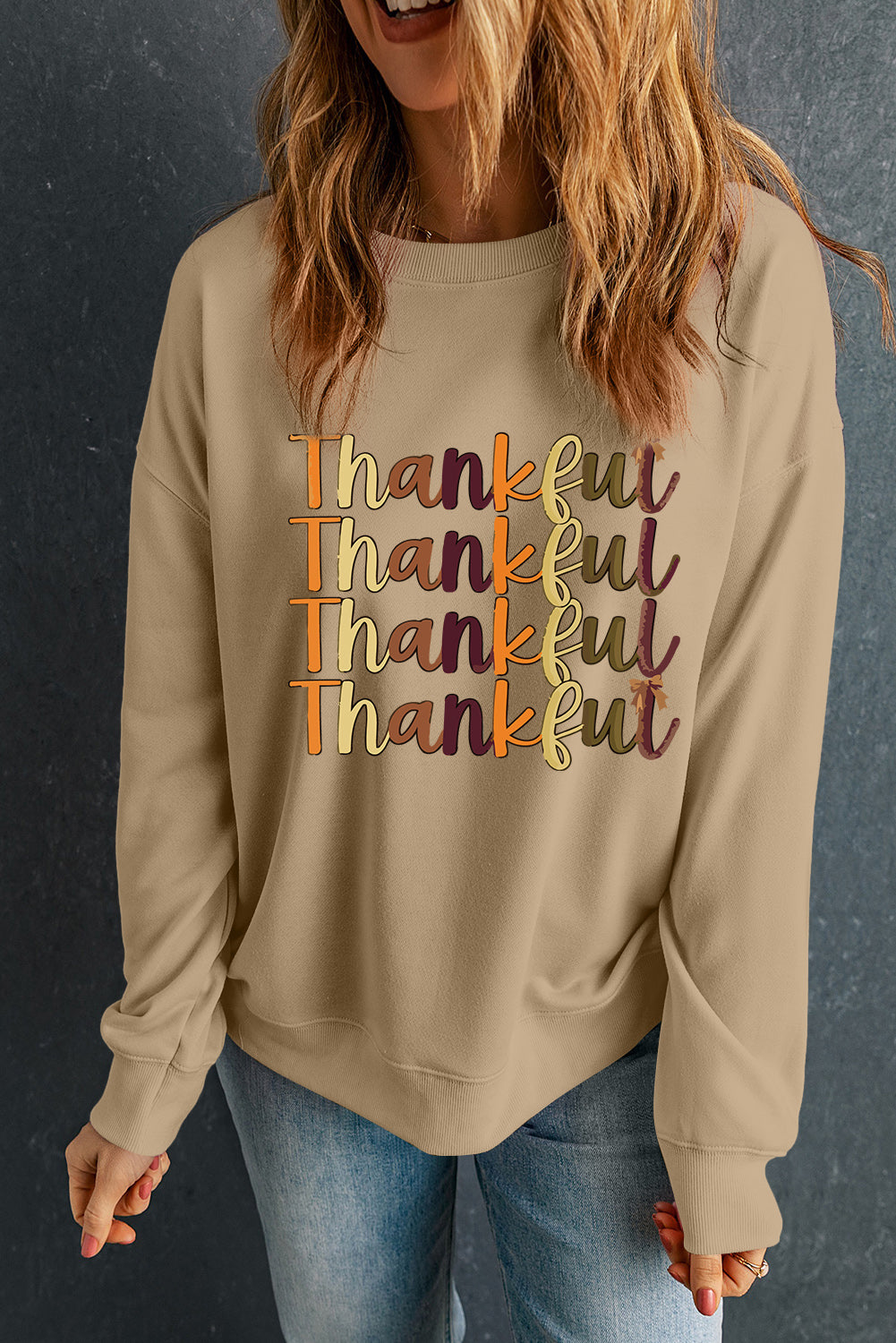 Thankful Repeated Print Drop Shoulder Casual Sweatshirt