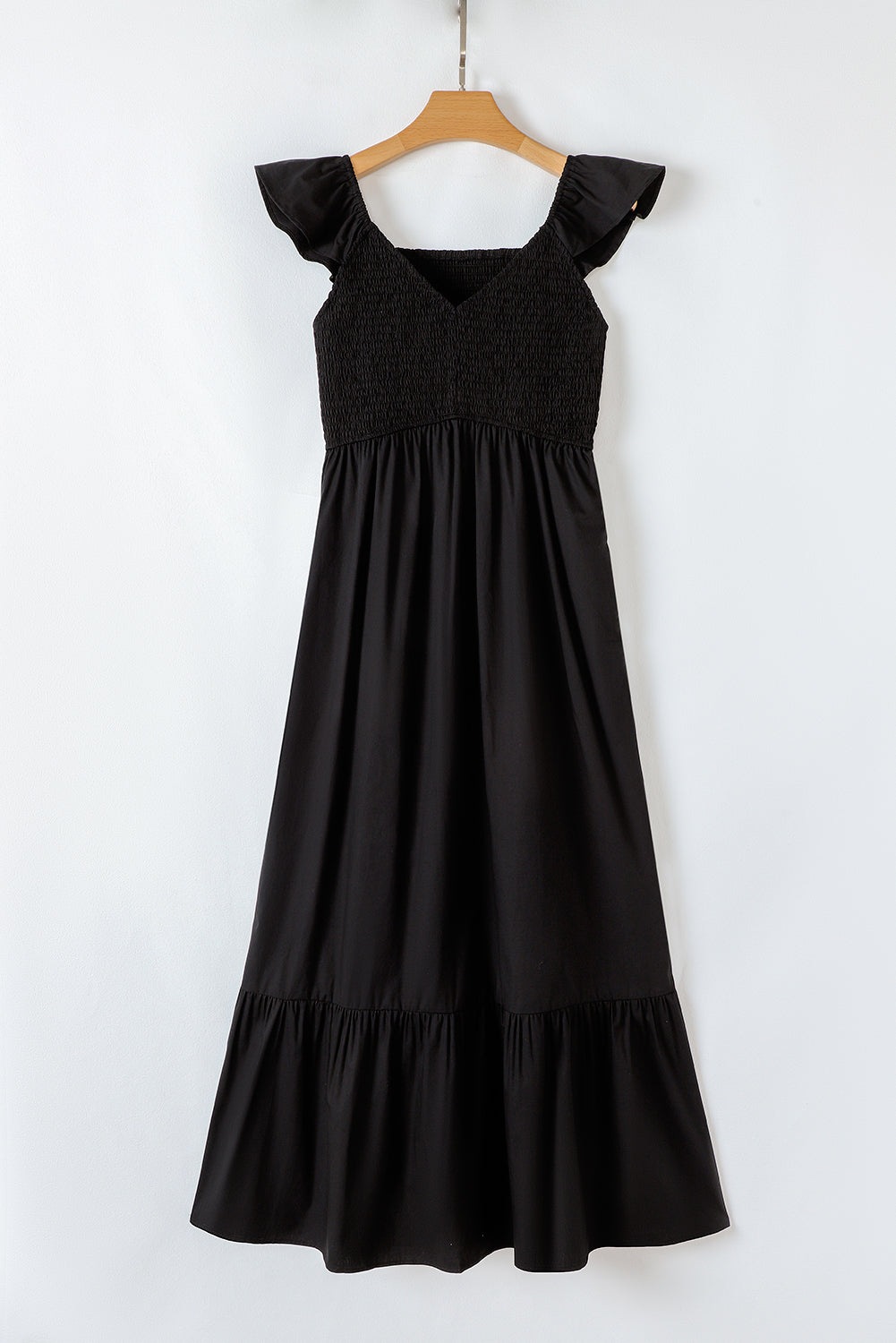 V Neck Flutter Sleeve Smocked Bodice High Waist Ruffle Maxi Dress