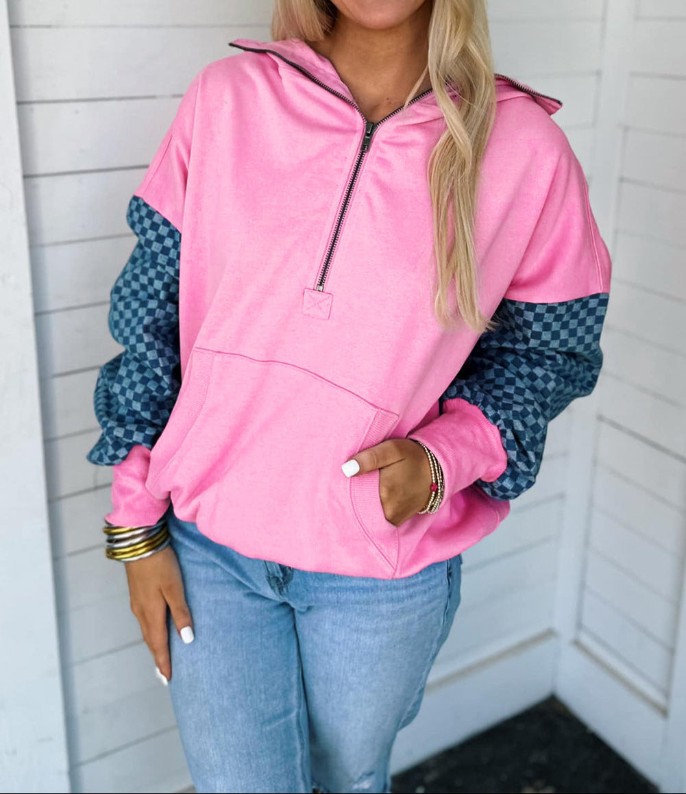 Checkered Patchwork Kangaroo Pocket Half Zipper Hoodie