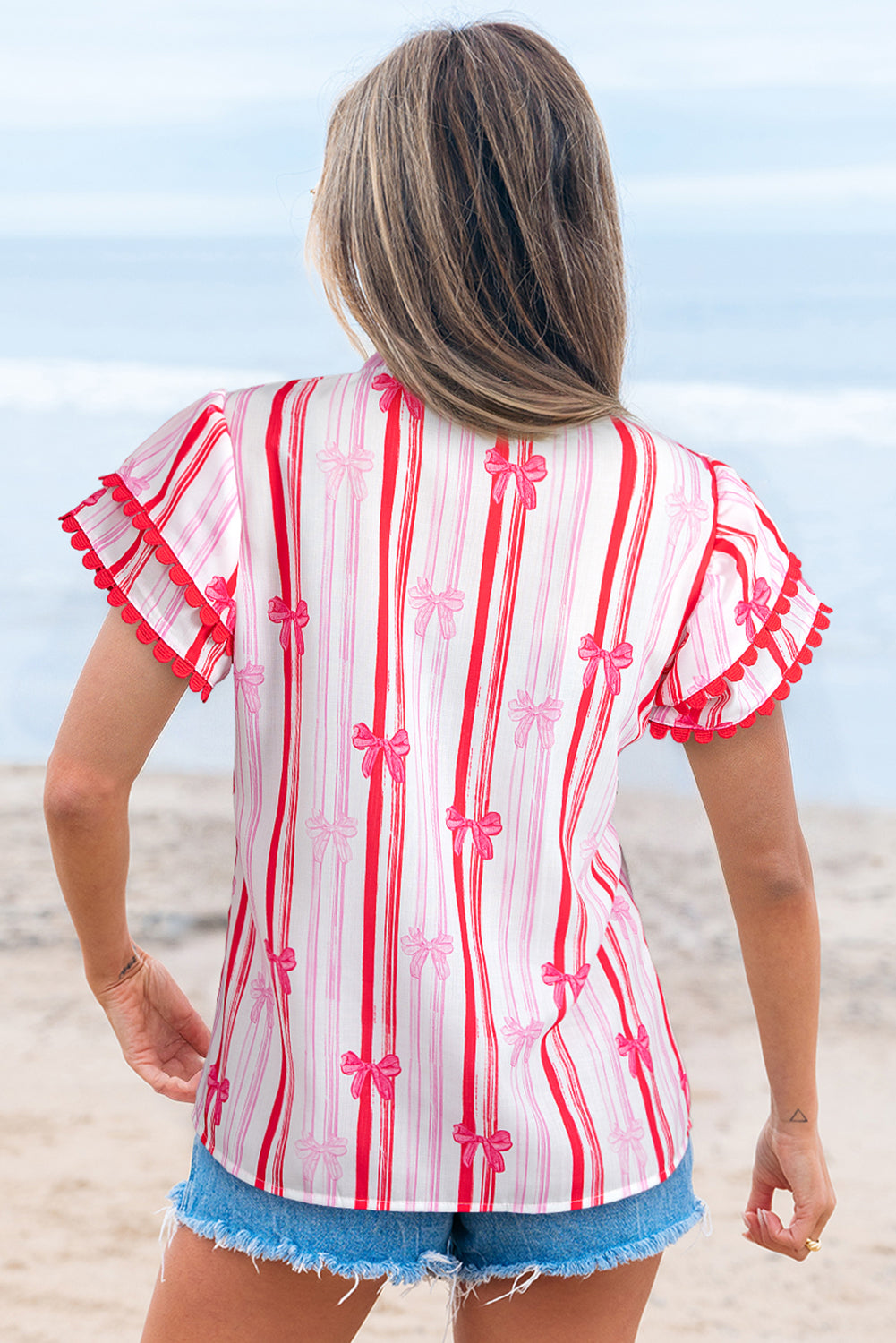 Ric-rac Trim Ruffled Sleeve V Neck Bow Striped Printed Blouse