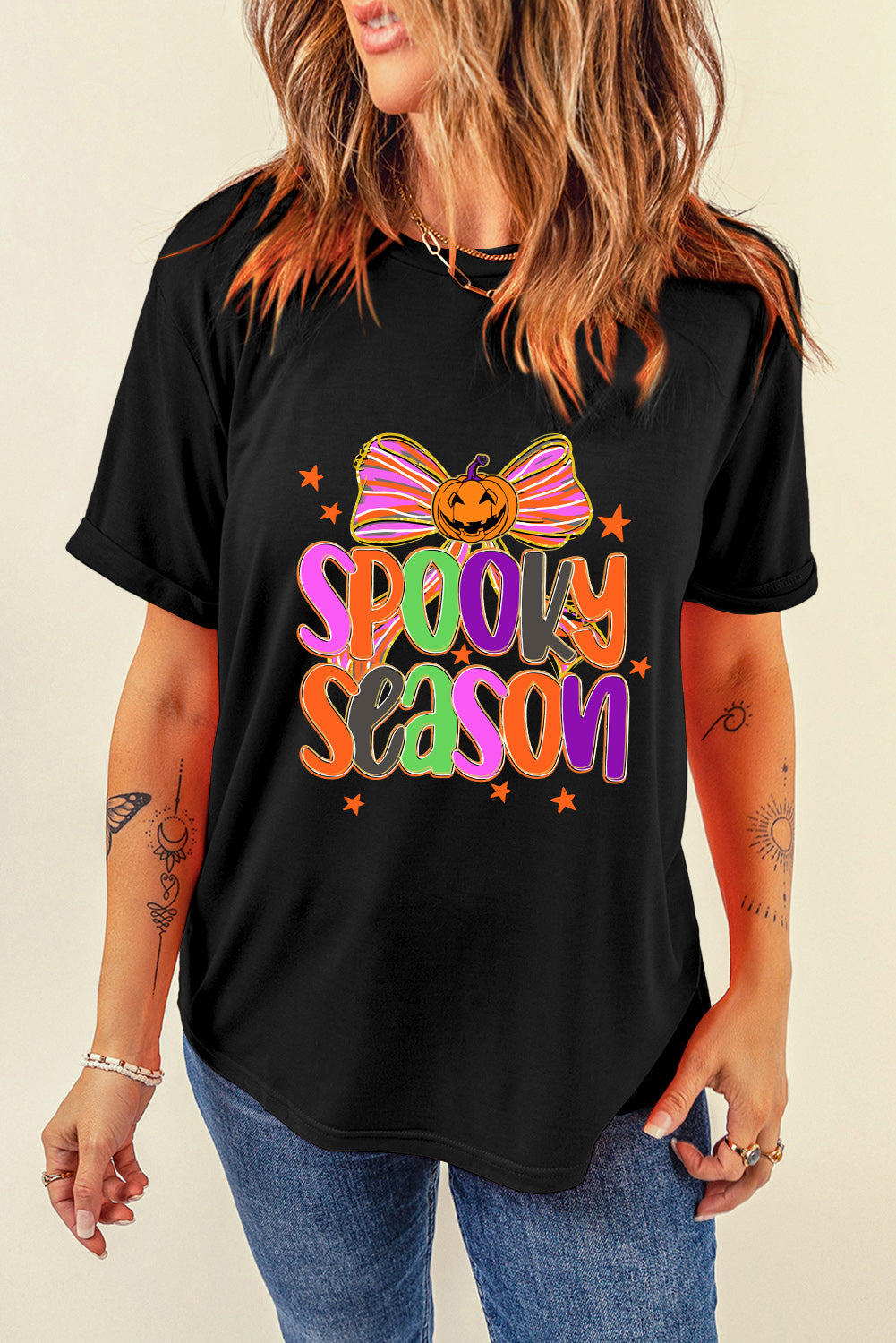 SPOOKY SEASON Halloween Pumpkin Bow Print T Shirt