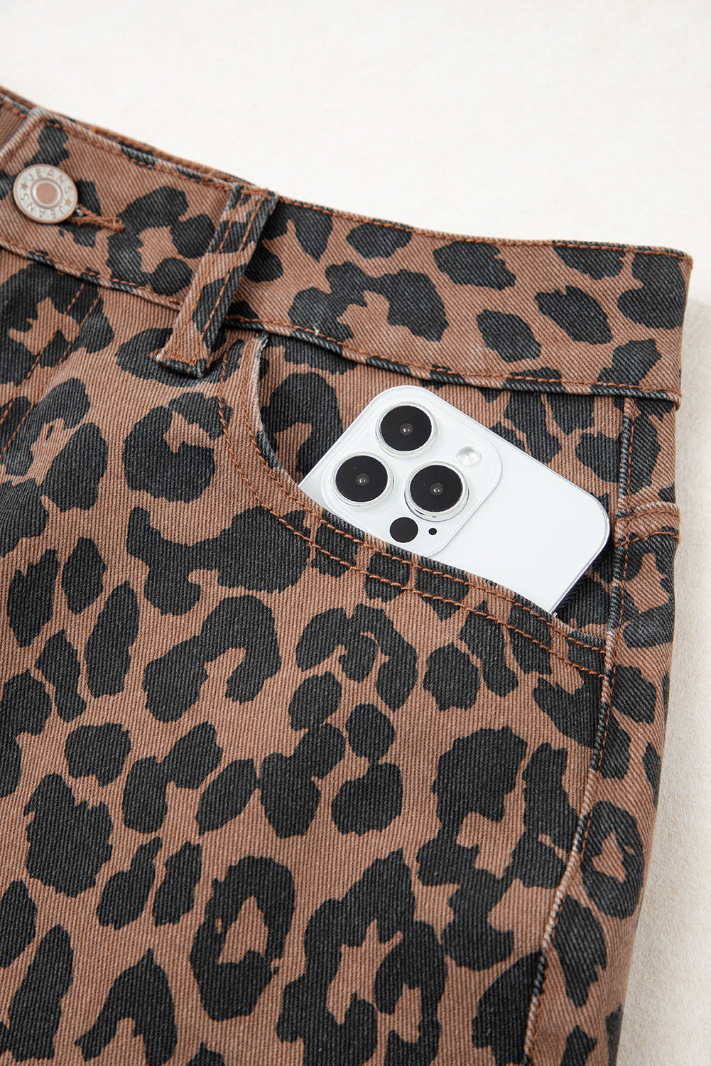 Leopard Denim Frayed Split Denim Midi Skirt