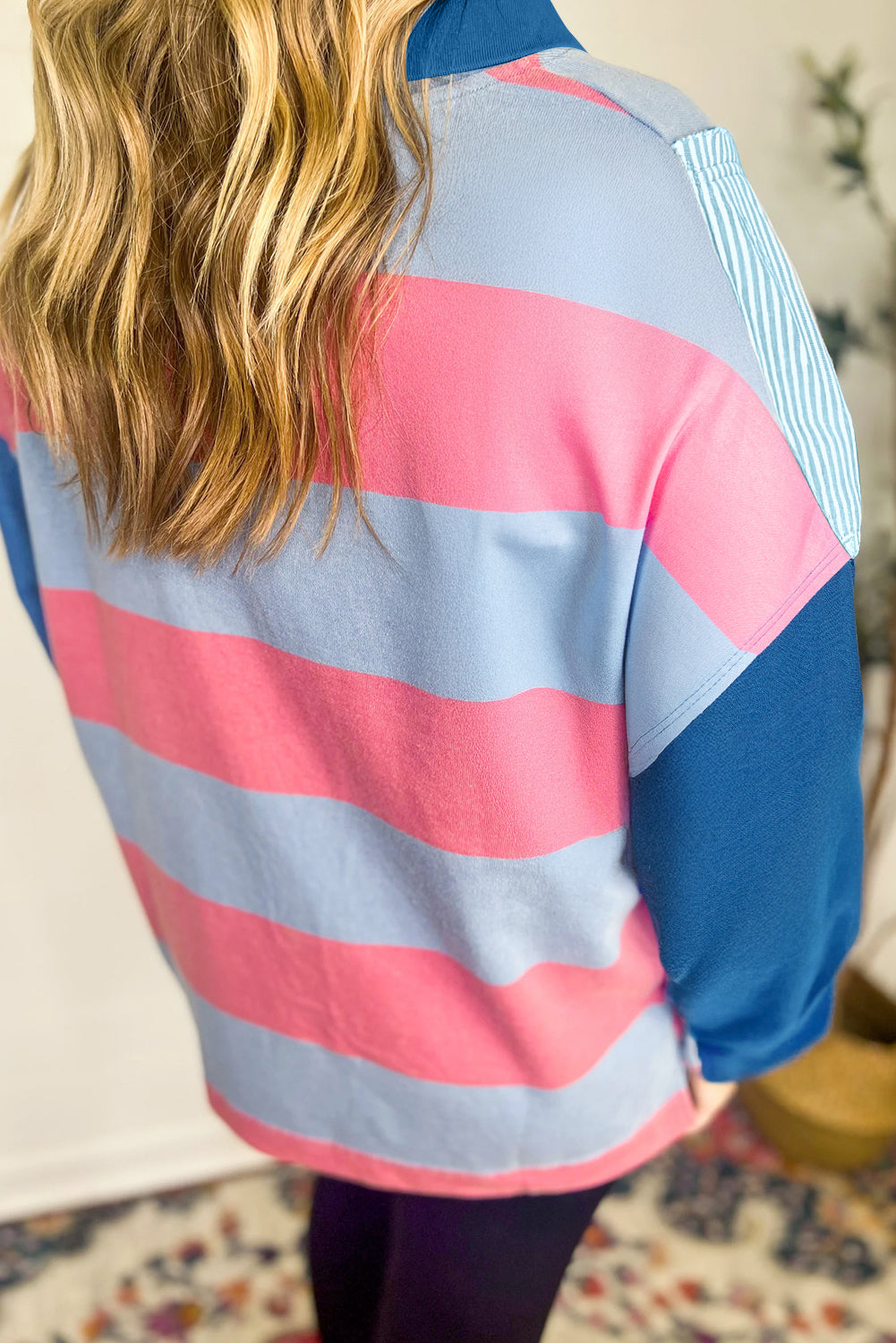 Stripe Colorblock Patchwork Zip up Plus Size Pullover