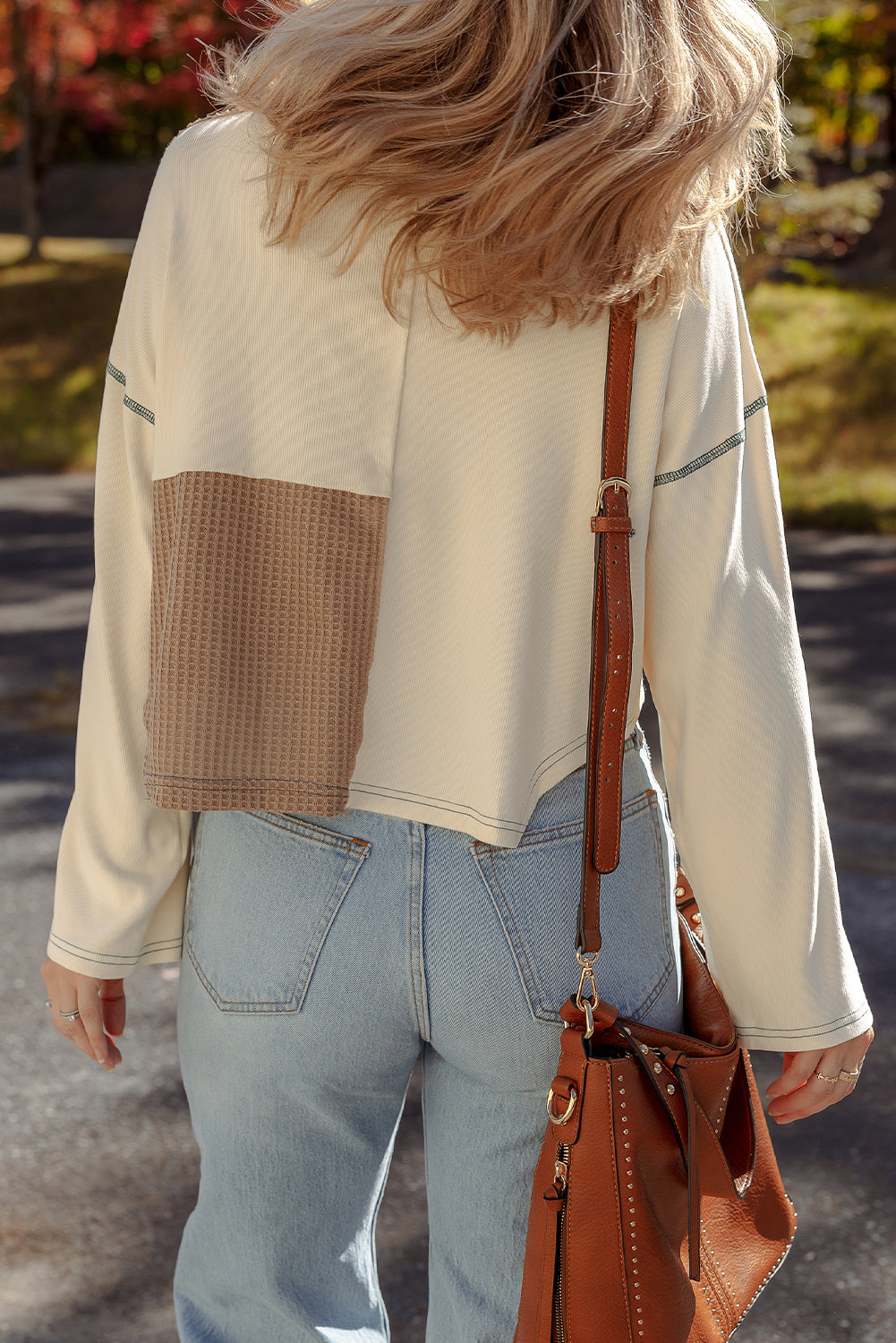 Color Block Waffle Knit Stitch Detail Long Sleeve Top